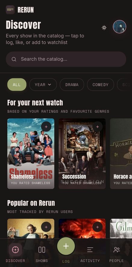 Discover screen with the For your next watch and Popular on Rerun rows