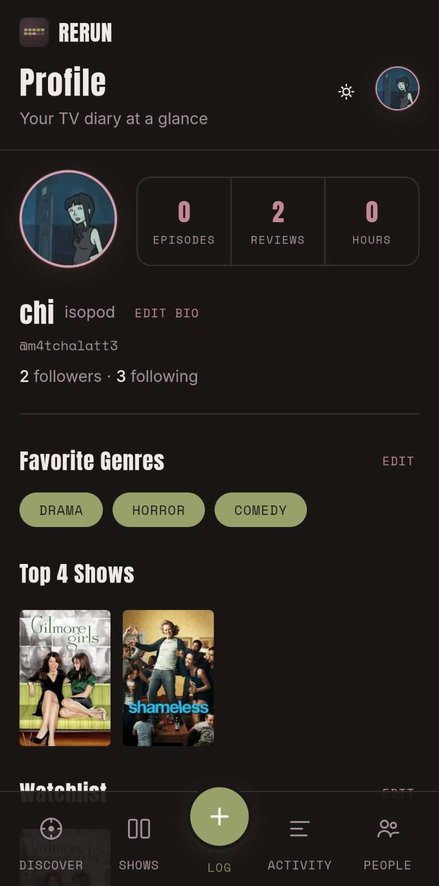 Profile with episode and review counts, favorite genres and top 4 shows