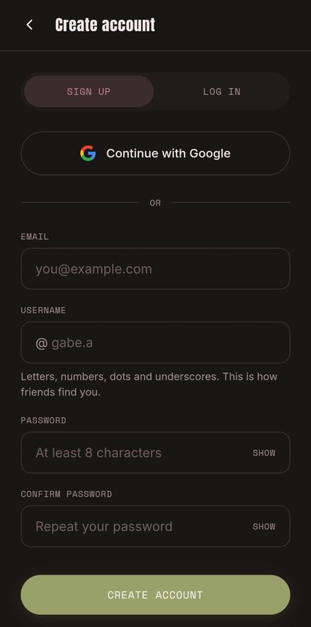 Create account form with Google sign-in, email, username and password